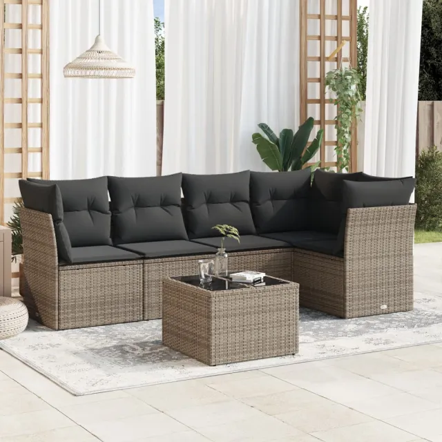 vidaXL 6-delige Loungeset met kussens poly rattan lichtgrijs