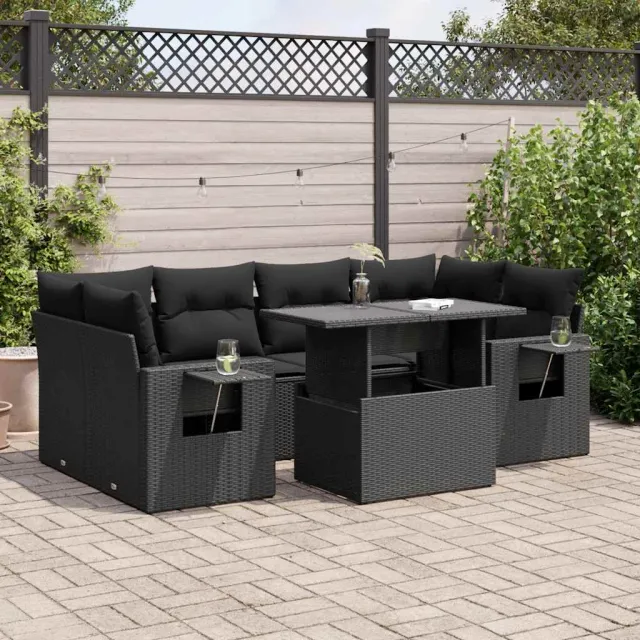 vidaXL 7-delige Loungeset met kussens poly rattan zwart, foto 2