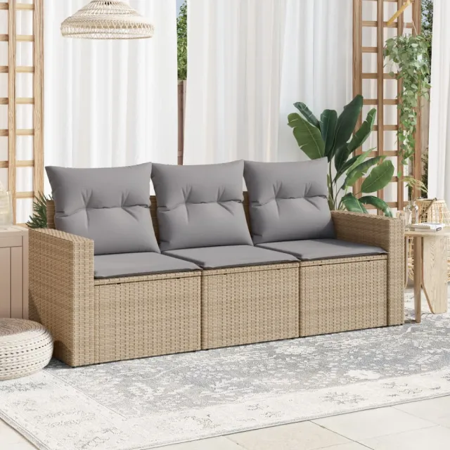 vidaXL 3-delige Loungeset met kussens poly rattan beige, foto 2
