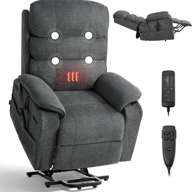 Vevor Elektrische TV-Relaxfauteuil, Relaxfauteuil met Liftfunctie, Verwarming en Massagefunctie, Traploos Verstelbare Stoel voor Senioren, Massagestoel met Chenille Bekleding en Afstandsbediening, Donkergrijs