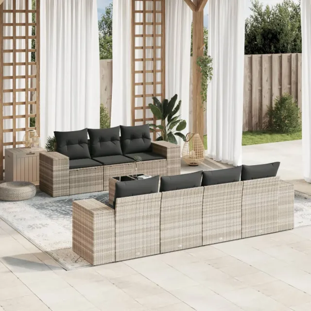 vidaXL 8-delige Loungeset met kussens poly rattan lichtgrijs grijs, foto 2