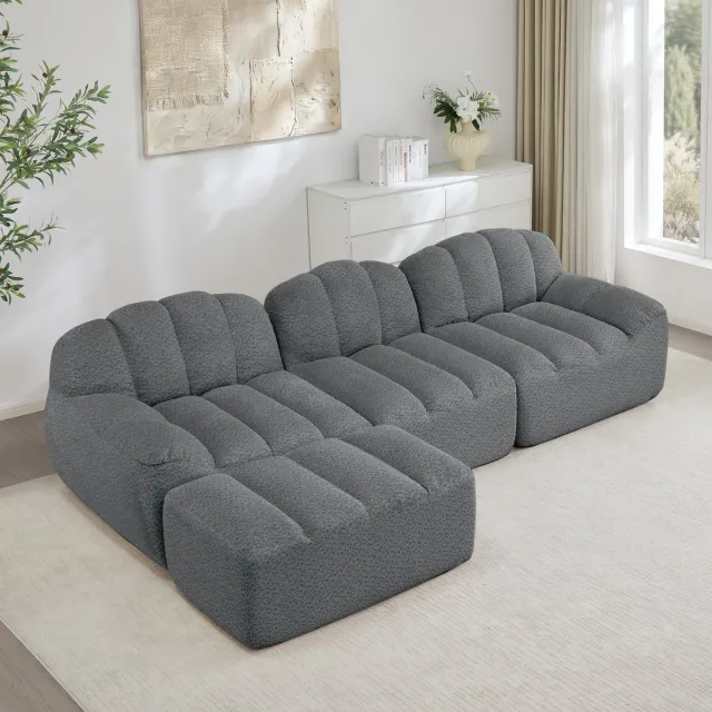 FloraGrace Hoekbank – 3-Zits Modulaire Bank Met Ottoman – Diepe Zitting & Frameloos Comfort – Woonkamer – Fleece – Grijs