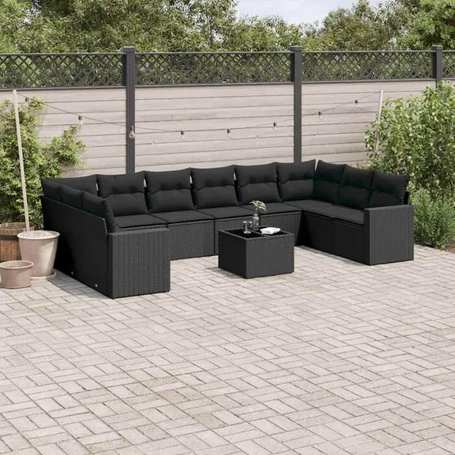 vidaXL 11-delige Loungeset met kussens poly rattan zwart, foto 2