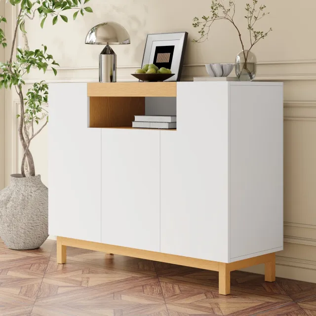 Wishdor Dressoir - 3 deuren en open vak - modern minimalistisch - woonkamer, eetkamer of hal - houtlook en bewerkt hout - wit - 120,5 x 42 x 96 cm