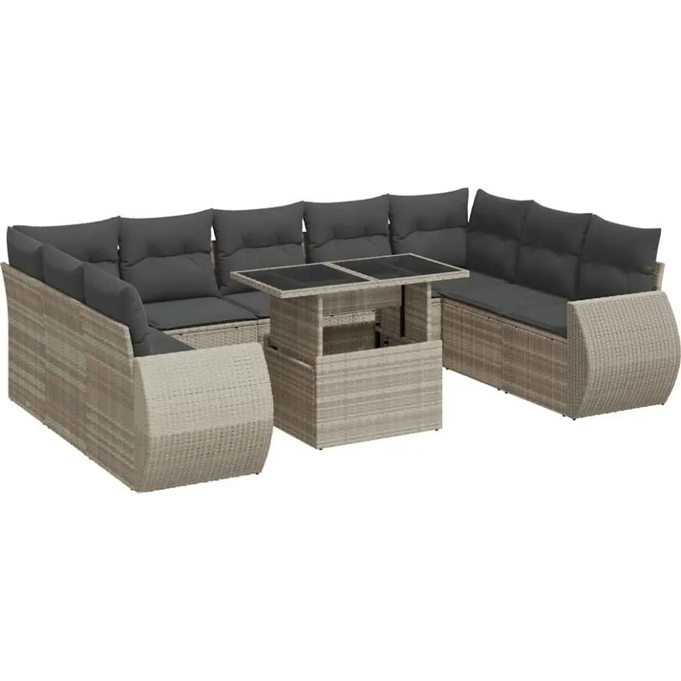 vidaXL 10-delige Loungeset met kussens poly rattan lichtgrijs grijs, foto 3