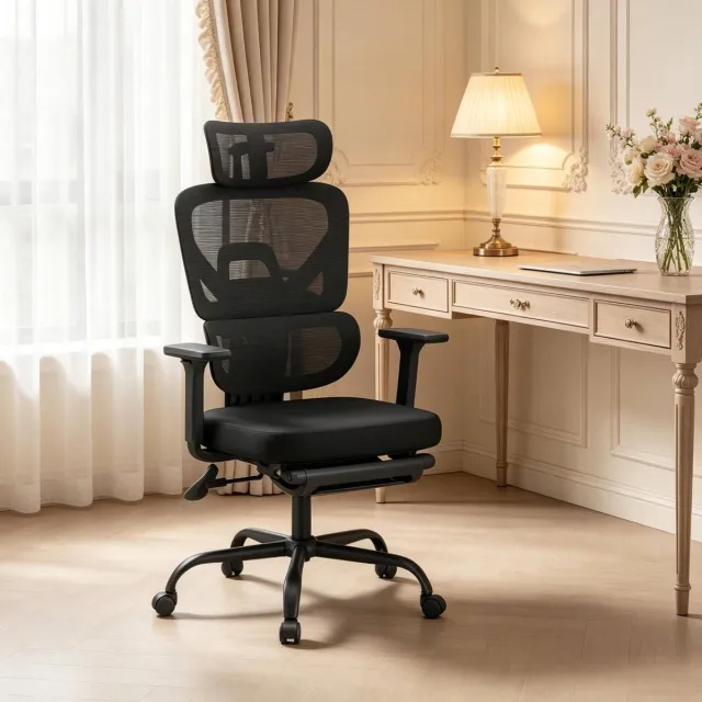 DESMIU Bureaustoel 47-57 Cm - Ergonomische Draaistoel Met Hoofdsteun, Verstelbare Armleuningen En Voetsteun - Voor Thuiswerk En Gaming - Mesh - Zwart