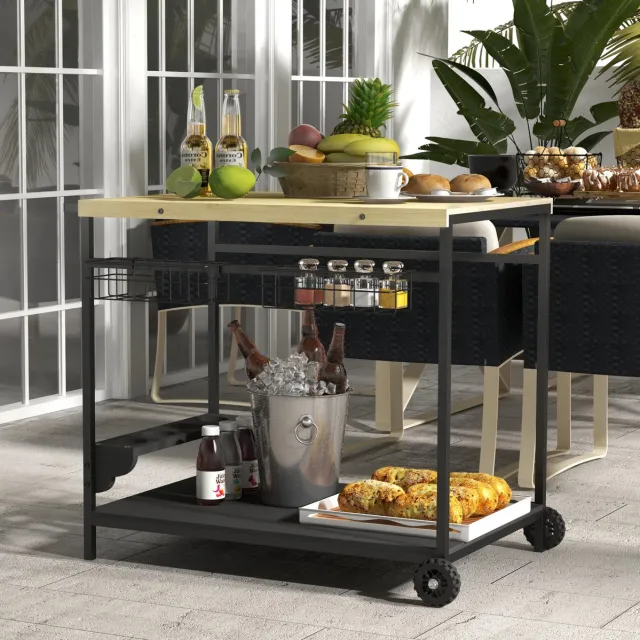 OKWISH Serveerwagen 97,5 x 65 x 81 cm - Met 2 Niveaus, Opbergmand En Bekerhouder - Voor Keuken, Terras En Barbecue - Hout En Staal - Naturel Hout Natural Wood
