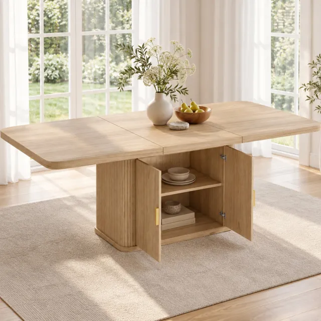 DESMIU Eettafel - Uitschuifbaar met Opbergruimte - Voor 6 tot 8 Personen - Scandinavische Stijl - MDF - Eikenkleur - 150 tot 200 x 90 cm