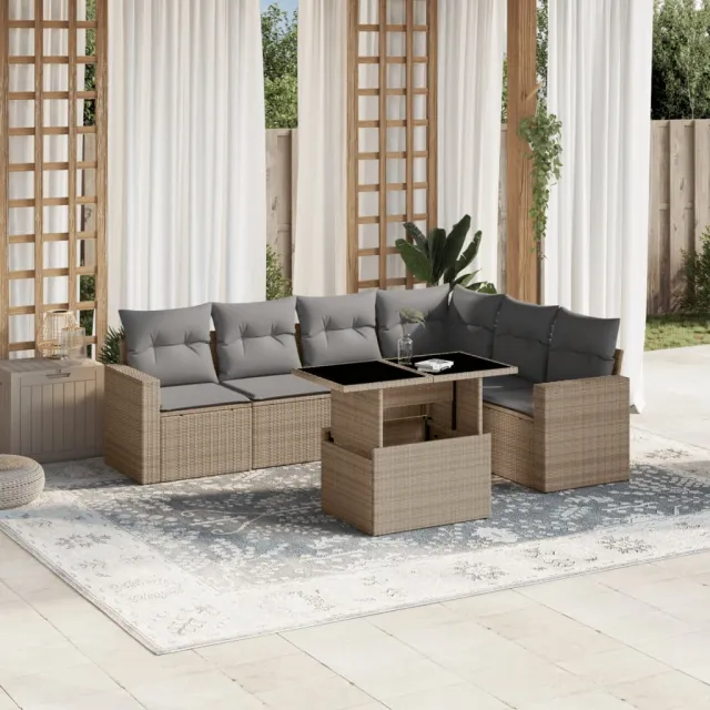 vidaXL 7-delige Loungeset met kussens poly rattan beige, foto 2