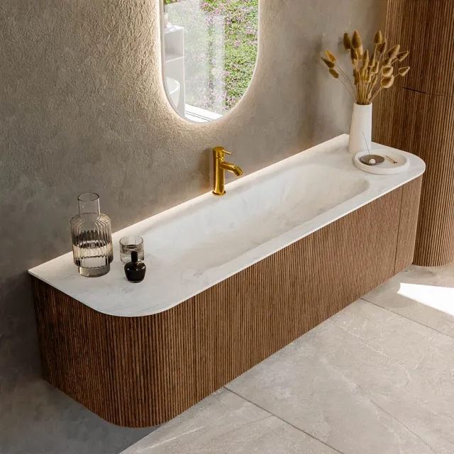 Mondiaz KURVE-DLUX 160 cm Onderkast Greeploos 1 Lade Met Deuren Walnut, Wastafel Solid Surface Midden Opalo 1 Kraangat Zonder Spiegel (KRVBGM160L+R1L2D1KM-Wal/Opa)