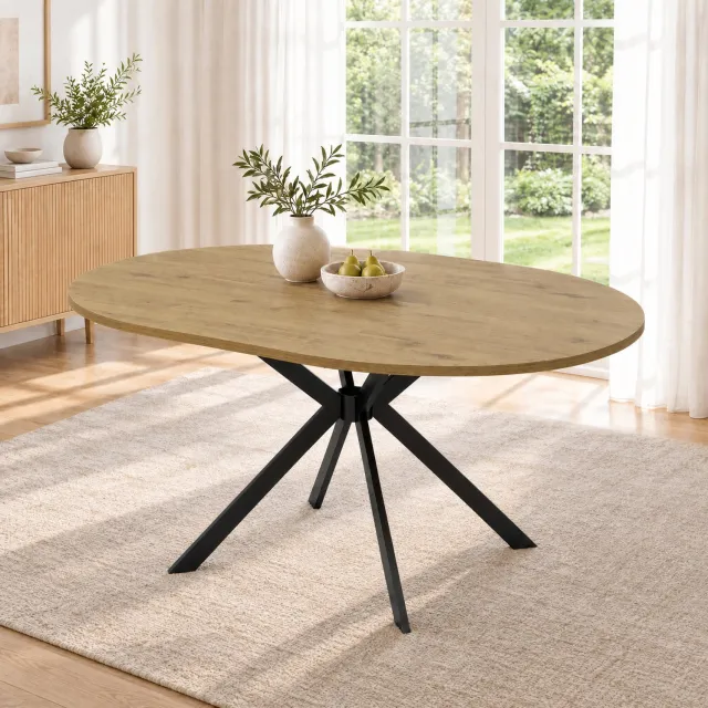 DESMIU Uitschuifbare Eettafel - Rond en Ovaal voor 4 tot 6 Personen - voor Eetkamer en Keuken - Houtkleurig MDF en Metaal - 140 x 100 x 75 cm