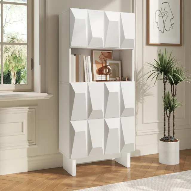 MODFU Vitrinekast - 4 Deuren En Open Vak - Verstelbare Plank - Wit - 60,5 X 34 X 135,5 Cm