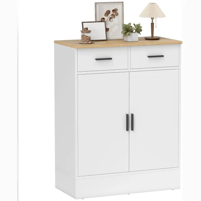 uJOY Buffetkast – Dressoir met 2 Lades en 2 Deuren – Verstelbare Plank – Wit en Naturel Houtlook – Moderne Opbergkast – 90 cm Hoog