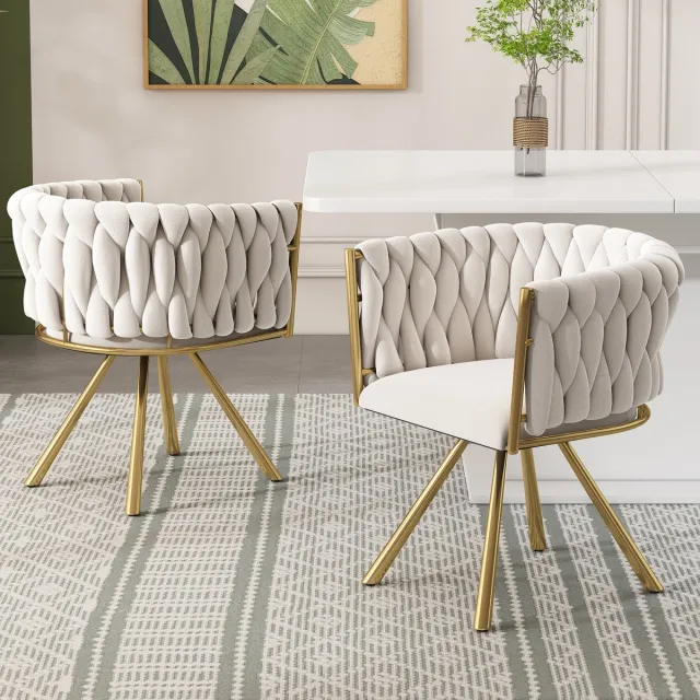 Welltin Eetkamerstoel - Set van 2 - Fluwelen kaptafelstoel, luxe draaistoel voor de slaapkamer, comfortabele draaistoel, vier metalen steunpoten - Beige
