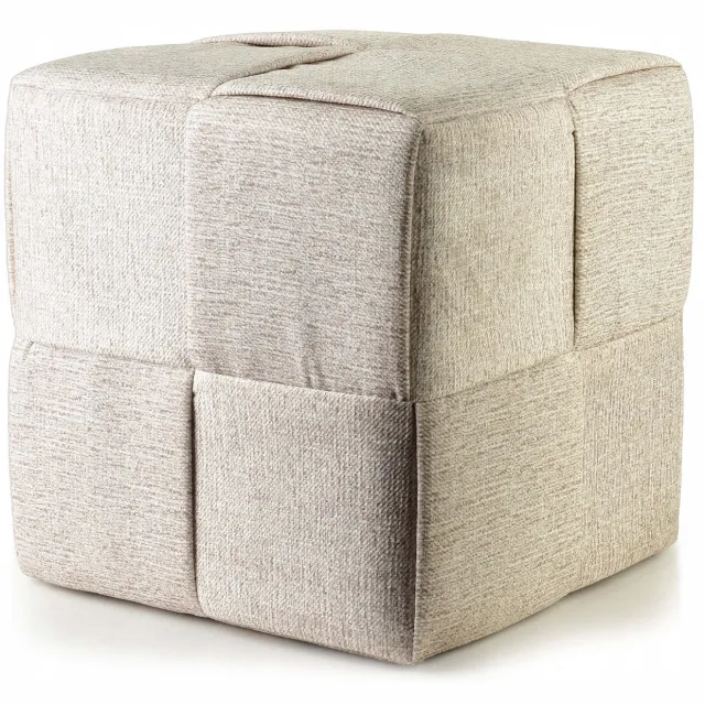 mondex Linnen Poef Krem 43x42,5 cm - Stijlvolle Kubus Poef Crème