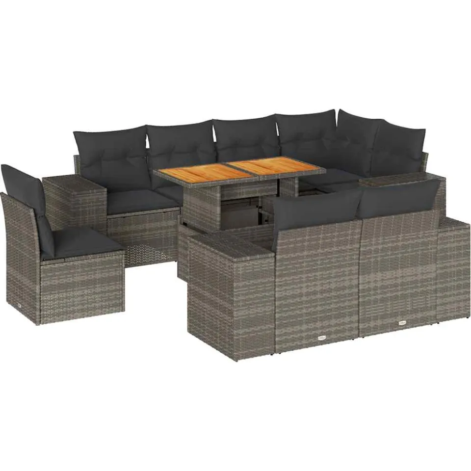 vidaXL 9-delige Loungeset met kussens poly rattan grijs, foto 3