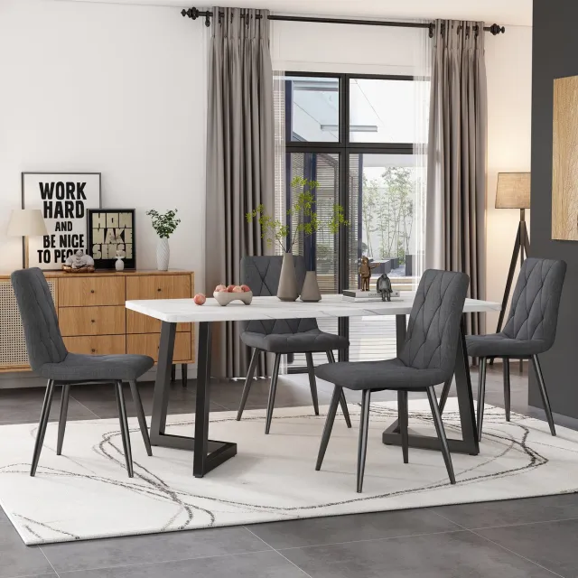HAUSS SPOLE Eetkamerstoelen - Set van 4 - Design Met Diepgrijze Linnen Bekleding en Stalen Poten - Comfortabele Gevoerde Stoelen - Perfect Voor Eetkamer en Kantoor Donkergrijs