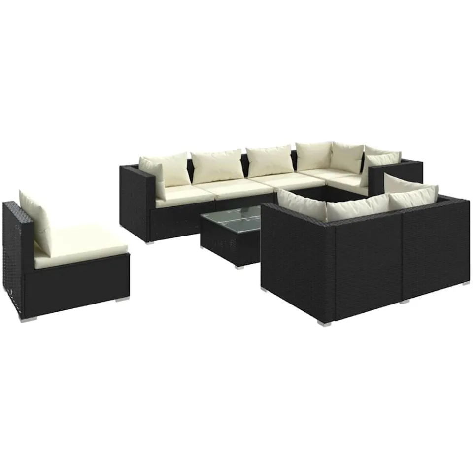 vidaXL 9-delige Loungeset met kussens poly rattan zwart