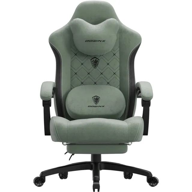 Dowinx Ergonomische Bureaustoel / Gamingstoel – Met verwarmde massage lendensteun – Met zakveer kussen en voetsteun – 150 kg draagvermogen – Voor gamen en werken – A PU-leer – groente Groen-zwart