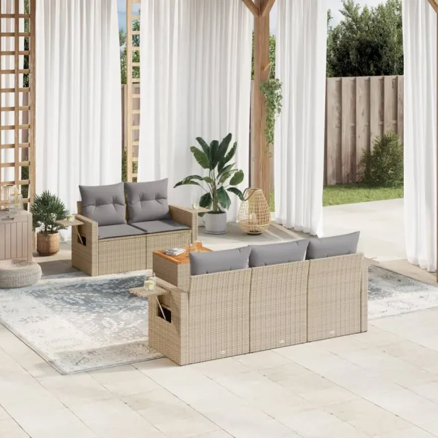 vidaXL 6-delige Loungeset met kussens poly rattan gemengd beige, foto 2