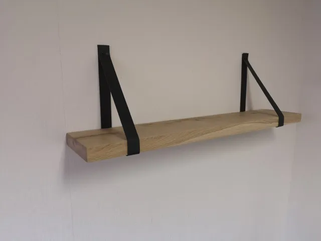 MeubelZwagerij Wandplank eiken met zwarte leren riemen 110x19x3cm (incl. schroeven en pluggen)