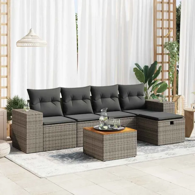 vidaXL 6-delige Loungeset met kussens poly rattan grijs, foto 2