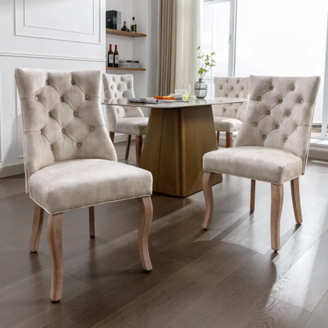 YJZQ 4-poots stoel, lichtbeige fluwelen eetkamerstoel, hoge rugleuning, met knoopquilt, massief houten frame, lichtbeige (set, 2 stuks) Light Beige