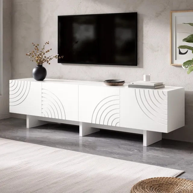 Wishdor Tv meubel met 4 deuren - geometrisch boogpatroon - relief-fronten - middenwand - wit - 170 x 35 x 50 cm