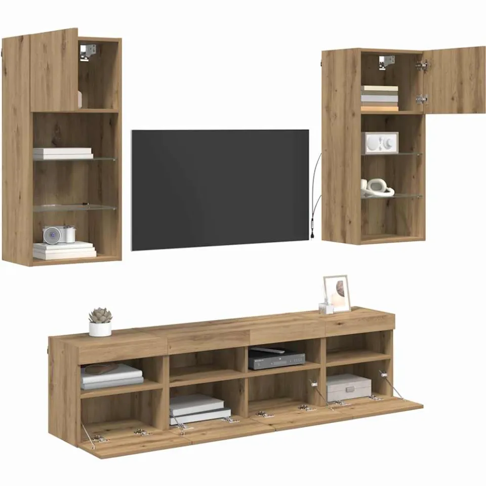 vidaXL TV Wand Eenheden met LED 5 st Artisan Eiken Bewerkt hout Bruin
