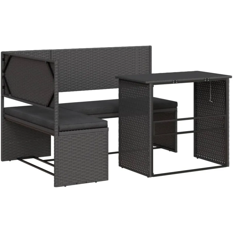 vidaXL Tuinbank met tafel en kussens L-vormig poly rattan zwart, foto 3