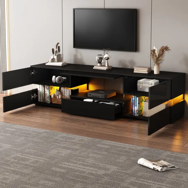 COVREO TV-meubel 160 x 39 x 45 cm zwart hoogglans, LED verlichting, 2 deuren