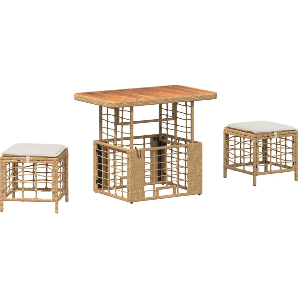 vidaXL Tuin eettafelset 3 st Natuur en Wit Poly Riet en Acaciahout Beige