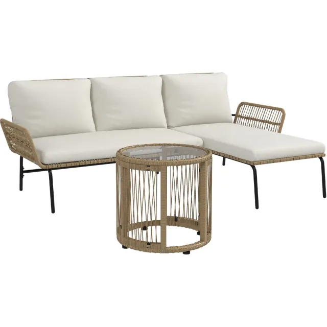 Clruro Tuin Loungeset - 3-Delig - Rattan Set Ligstoel 2-Zits Bank Tafel Comfort Kussens Balkon - Rattan - Crème Roomwit