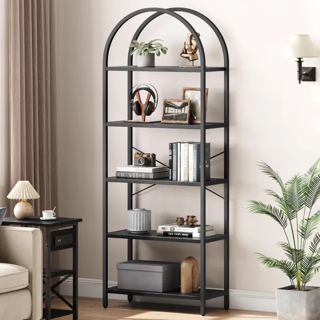 Triumpunpre 180 cm hoge gebogen boekenkast met 5 planken, moderne vrijstaande open etagère met metalen frame en opbergruimte, smalle showplanken voor thuiskantoor, woonkamer en slaapkamer Zwart