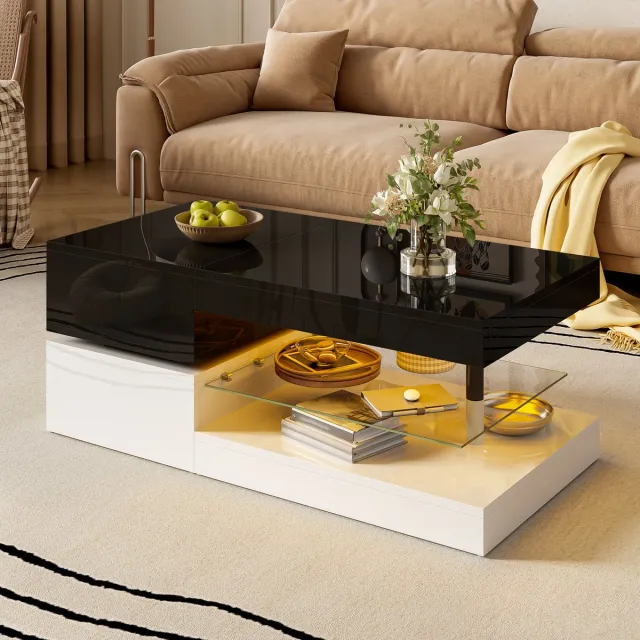 Wishdor Salontafel met LED-sfeerverlichting, app- en Bluetooth-bediening, hoogglans zwart-wit, 90×45×35,5 cm Zwart + Wit