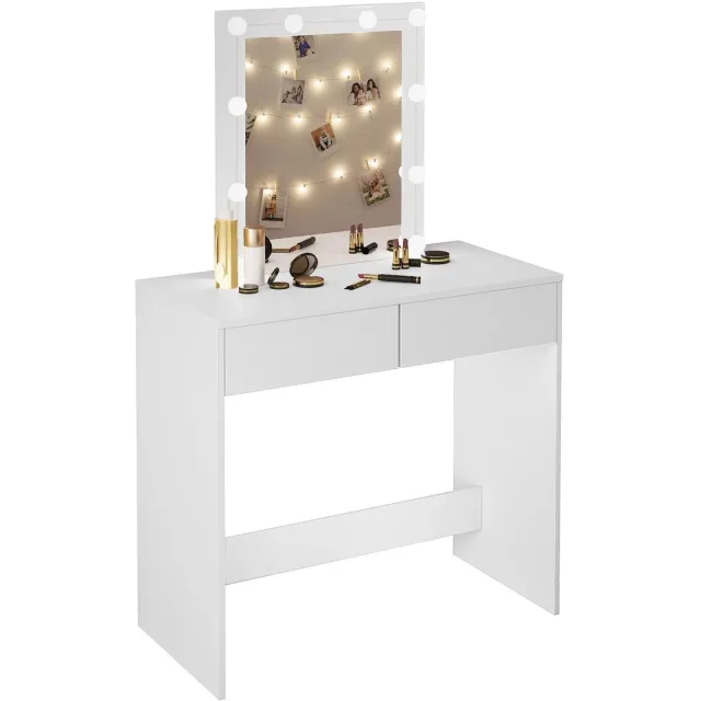 Corenia Kaptafel - met Spiegel - Cosmetic - Make Up - met 10 Dimbare LED Lampen - 80x132.5x39.5cm - met 2 Lades - Opbergkast - Wit