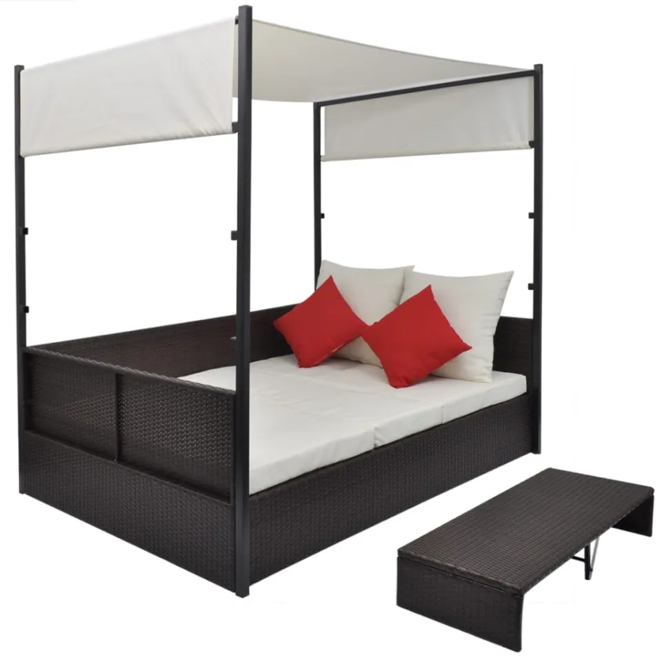 vidaXL Tuinbed met luifel 190x130 cm poly rattan bruin, foto 2