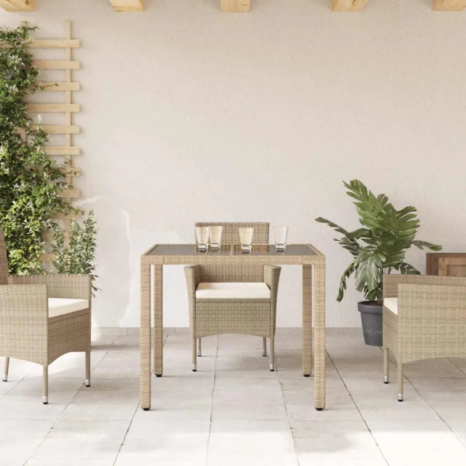 vidaXL Tuintafel met glazen blad 90x90x75 cm poly rattan beige, foto 3
