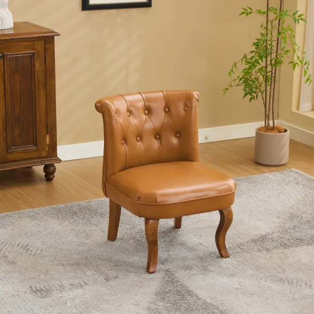 MEUNIQ Leren Fauteuil Lichtbruin 56 x 60,5 x 72,5 cm – Gecapitonneerde Rugleuning, Schuimvulling en Houten Poten voor Woonkamer, Eetruimte of Thuiskantoor