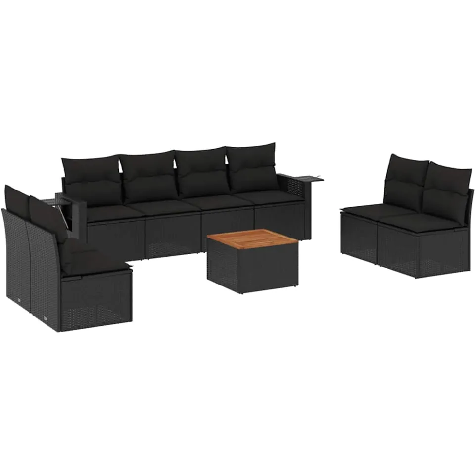 vidaXL 9-delige Loungeset met kussens poly rattan zwart, foto 3