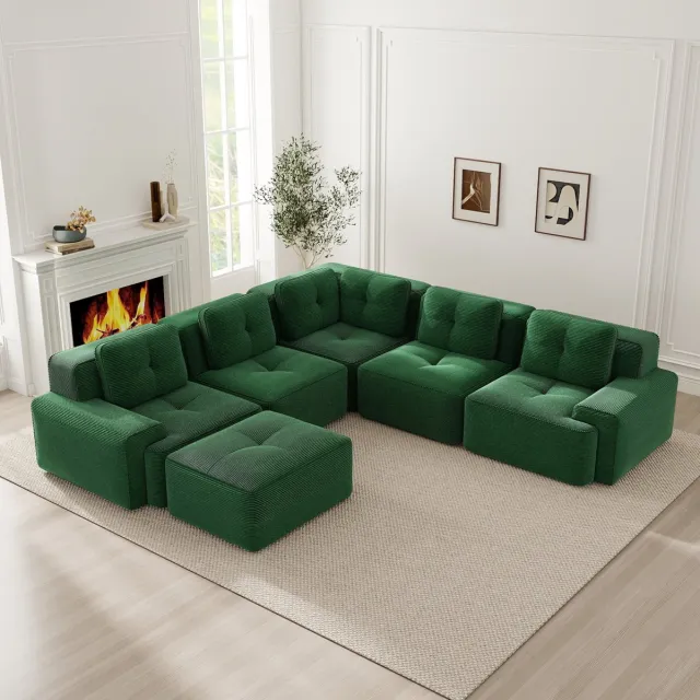 MIVRAY Hoekbank 295 x 104 x 69 cm - Modulaire 5-Zits Met Hocker En Diepe Zitting - Voor Woonkamer En Kantoor - Cord Groen
