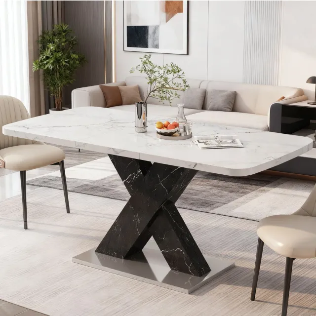 FloraGrace Eettafel - Uitschuifbaar Rechthoekig Design - Voor Eetkamer En Keuken - MDF En Staal - 120-160x80x76,5 Cm - Wit Zwart