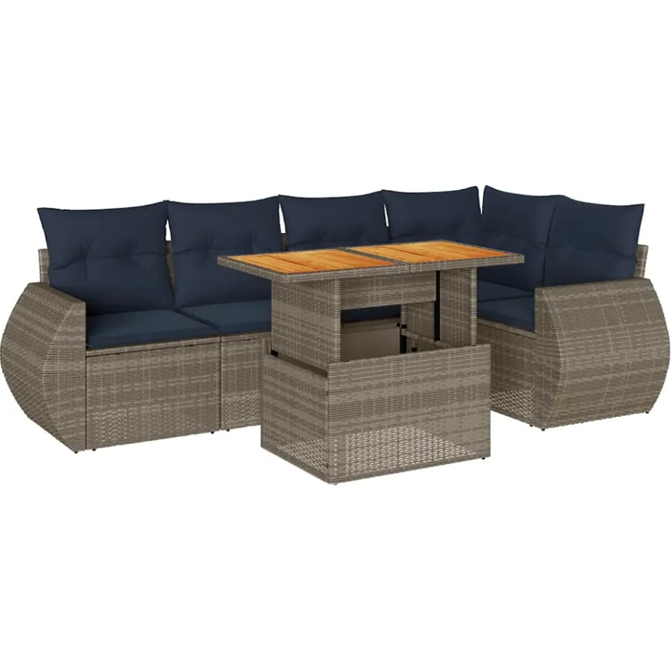 vidaXL 6-delige Loungeset met kussens poly rattan grijs, foto 3