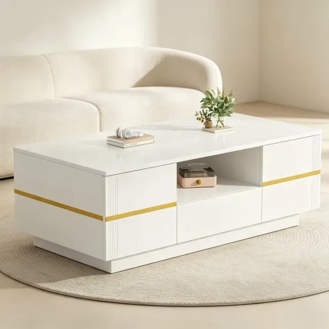 OKWISH Salontafel - Hoogglans Opbergruimte Met 2 Deuren En 1 Lade - Woonkamer - MDF Wit Met Gouden Accenten - 100 x 50 x 35,5 cm