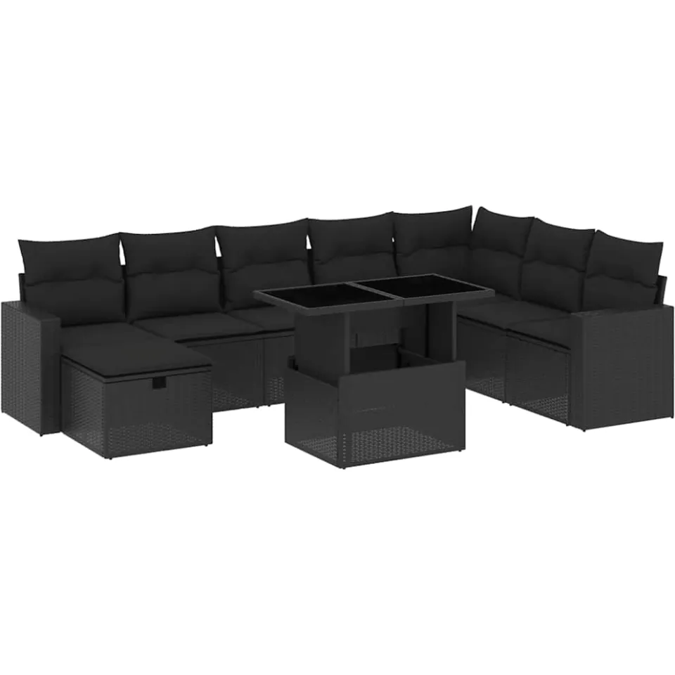 vidaXL 9-delige Loungeset met kussens poly rattan zwart, foto 3