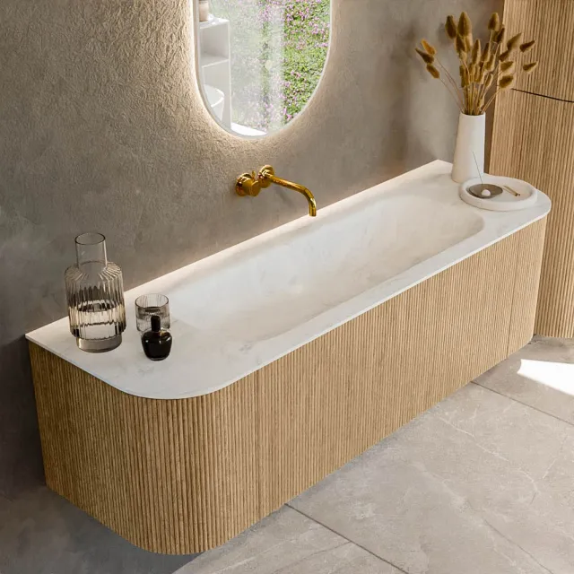 Mondiaz KURVE-DLUX 150 cm Onderkast Greeploos 1 Lade Met Deuren Oak, Wastafel Solid Surface Midden Opalo 0 Kraangaten Zonder Spiegel (KRVBGM150L+R1L2D0KM-Oak/Opa)