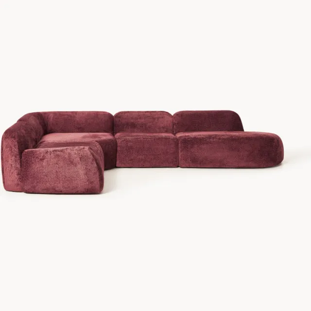 Westwing Collection XL modulaire teddy bouclé hoekbank Wolke (4-zits) met chaise longue Wijnrood
