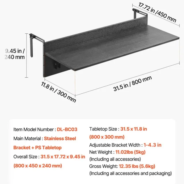 Gudalio Balkontafel - Hangtafel - Balkonleuningtafel - Inklapbaar - Weerbestendig PS Blad - Stainless steel - 80x30cm - Zwart
