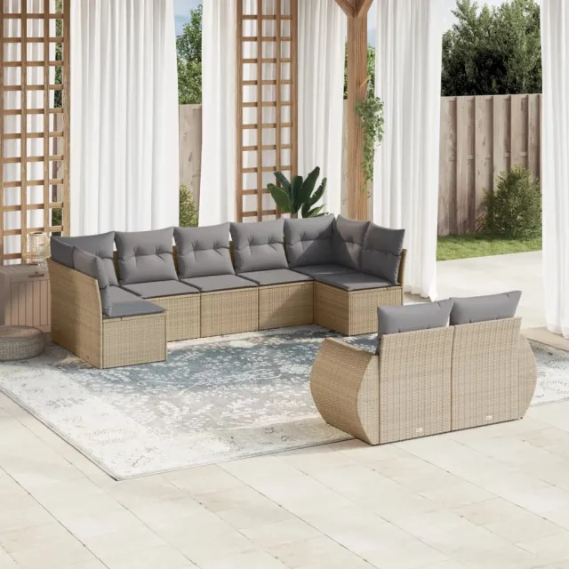 vidaXL 9-delige Loungeset met kussens poly rattan beige, foto 2