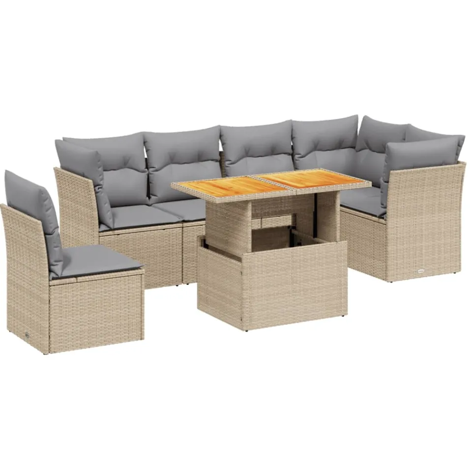 vidaXL 7-delige Loungeset met kussens poly rattan beige, foto 3